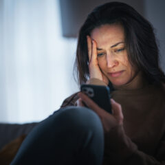 Woman reading an unpleasant text message and crying.